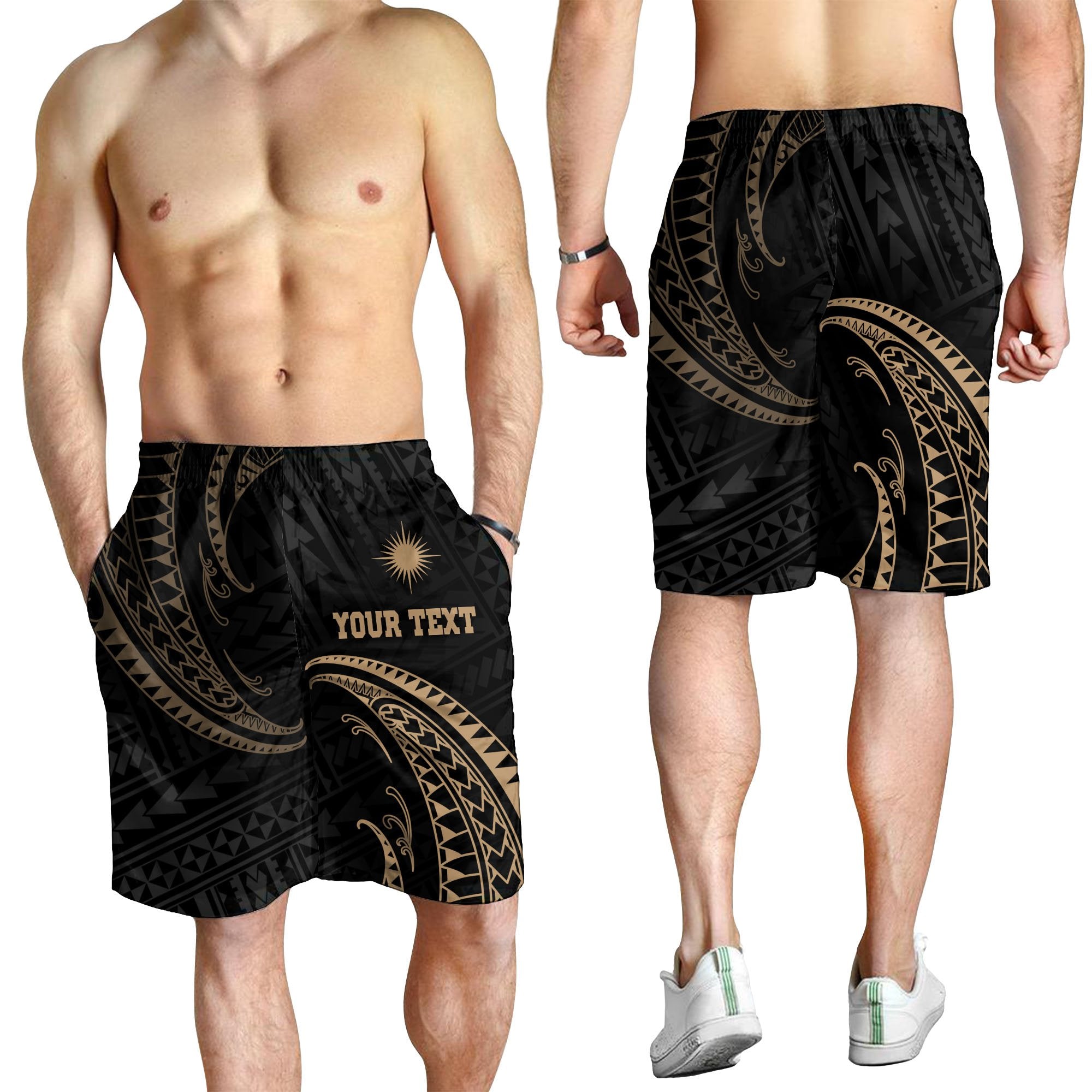 Marshall Islands Polynesian Custom Personalised Men's Short - Gold Tribal Wave - Polynesian Pride