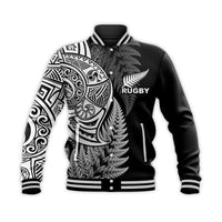 Maori Rugby Baseball Jacket Tattoo Mix Fern Leaf LT6 Unisex Black - Polynesian Pride