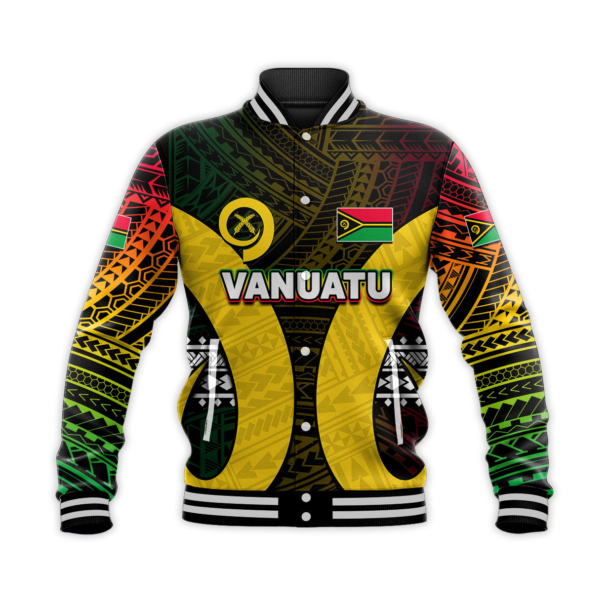 (Custom Personalised) Vanuatu Off Shoulder Baseball Jacket Polynesian Patterns Mix Pig Tusk LT6 Unisex Black - Polynesian Pride