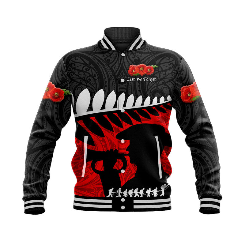 New Zealand Maori ANZAC Baseball Jacket Remembrance Soldier - Black LT8 Unisex Black - Polynesian Pride