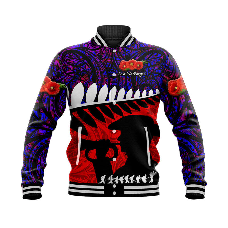 New Zealand Maori ANZAC Baseball Jacket Remembrance Soldier - Purple LT8 Unisex Purple - Polynesian Pride