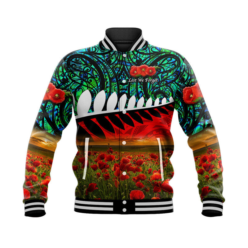 New Zealand Maori ANZAC Baseball Jacket Poppy Vibes - Turquoise LT8 Unisex Turquoise - Polynesian Pride