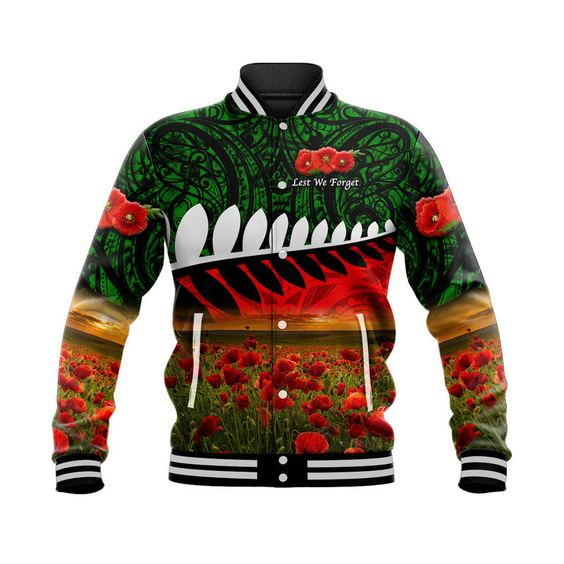 (Custom Personalised) New Zealand Maori ANZAC Baseball Jacket Poppy Vibes - Green LT8 Unisex Green - Polynesian Pride