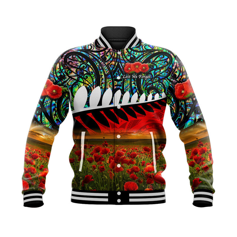 New Zealand Maori ANZAC Baseball Jacket Poppy Vibes - Paua Shell LT8 Unisex Green - Polynesian Pride