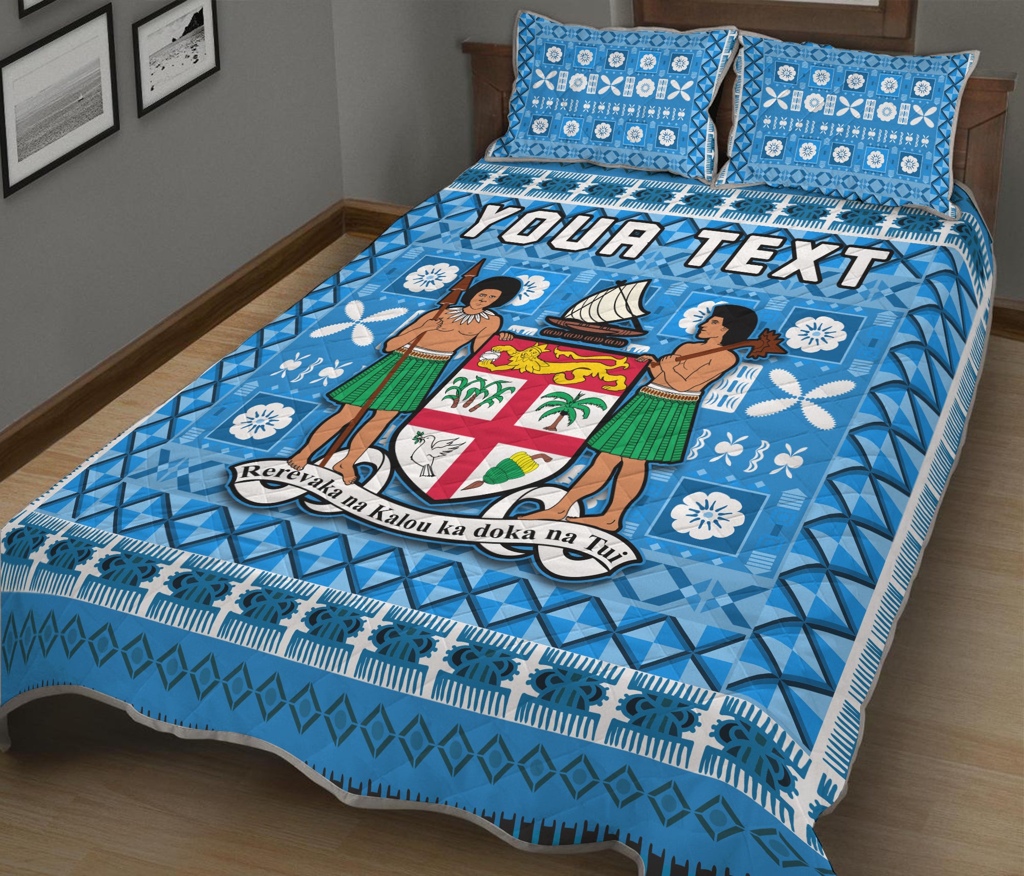 (Custom Personalised) Fiji Quilt Bed Set Pattern - Fijian Tapa Pattern Blue LT13 Blue - Polynesian Pride