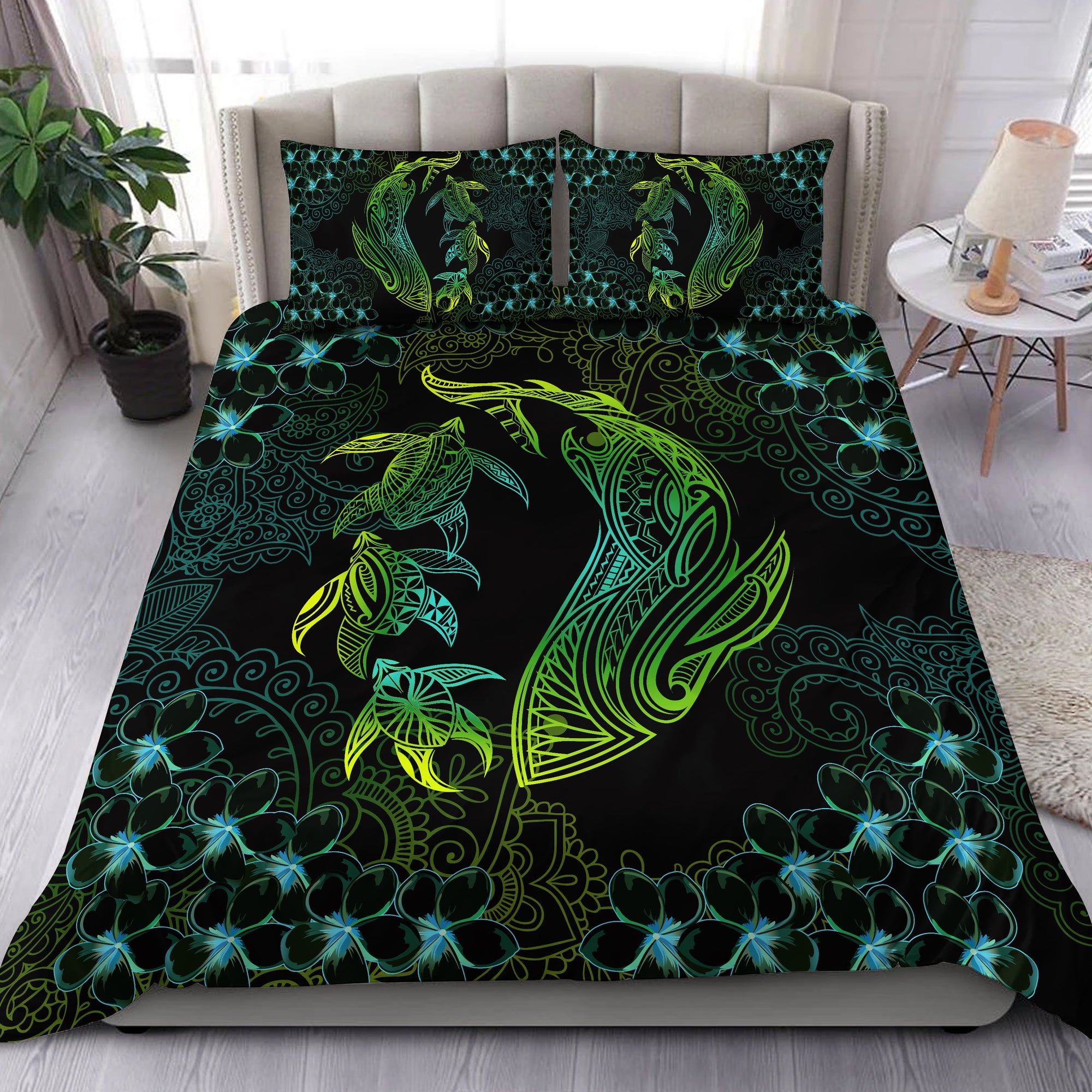 Hawaiian Shark Turtle Plumeria Bedding Set - Cyan - Zelda Style - AH Black - Polynesian Pride