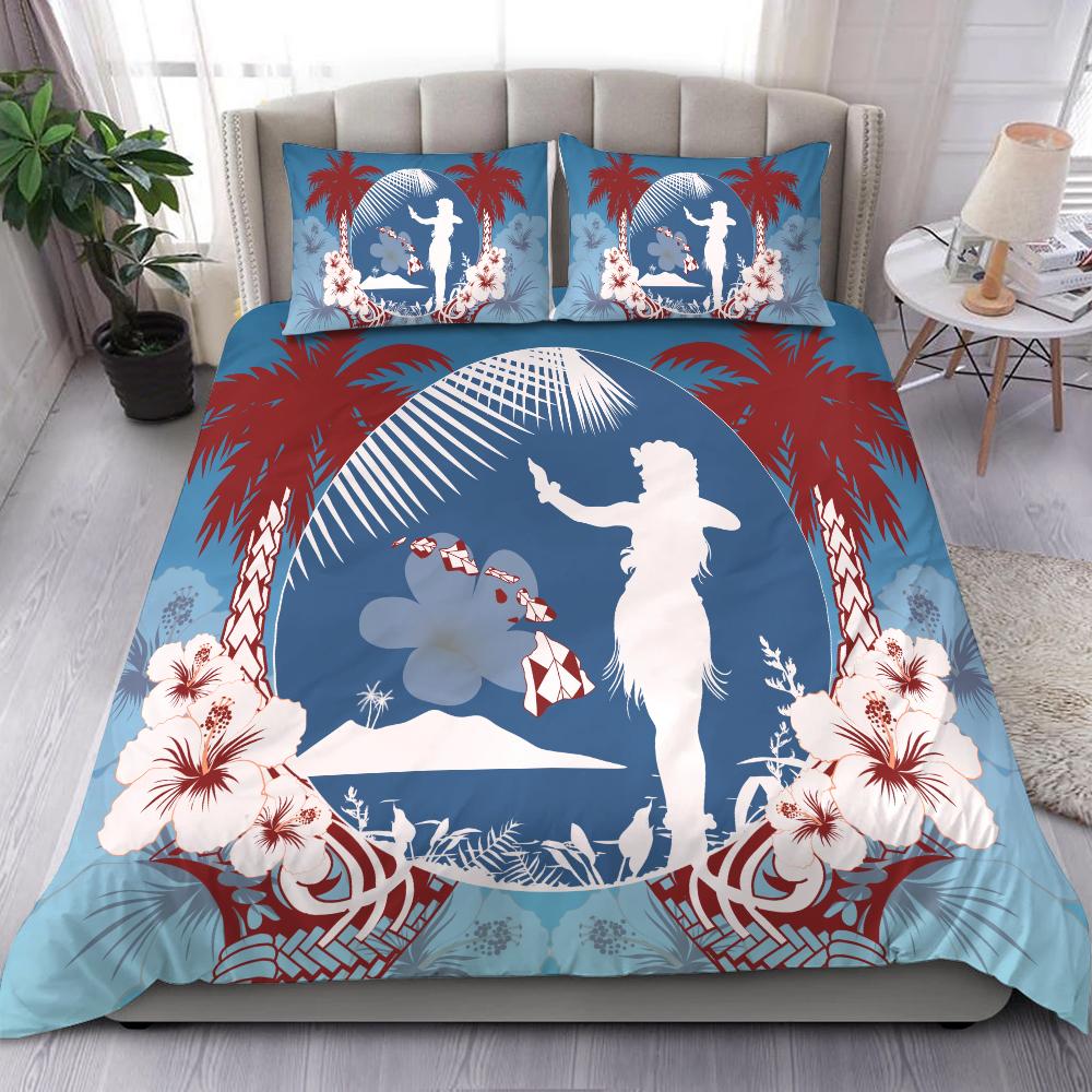 Hawaii Map Hula Girl Hibiscus Bedding Set - Beri Style AH Blue - Polynesian Pride