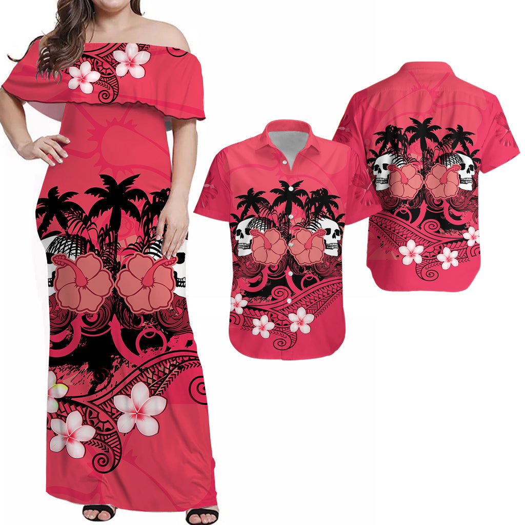 Hawaii Skull Matching Dress and Hawaiian Shirt Mysterious Polynesia and Pink Flowers LT13 Pink - Polynesian Pride