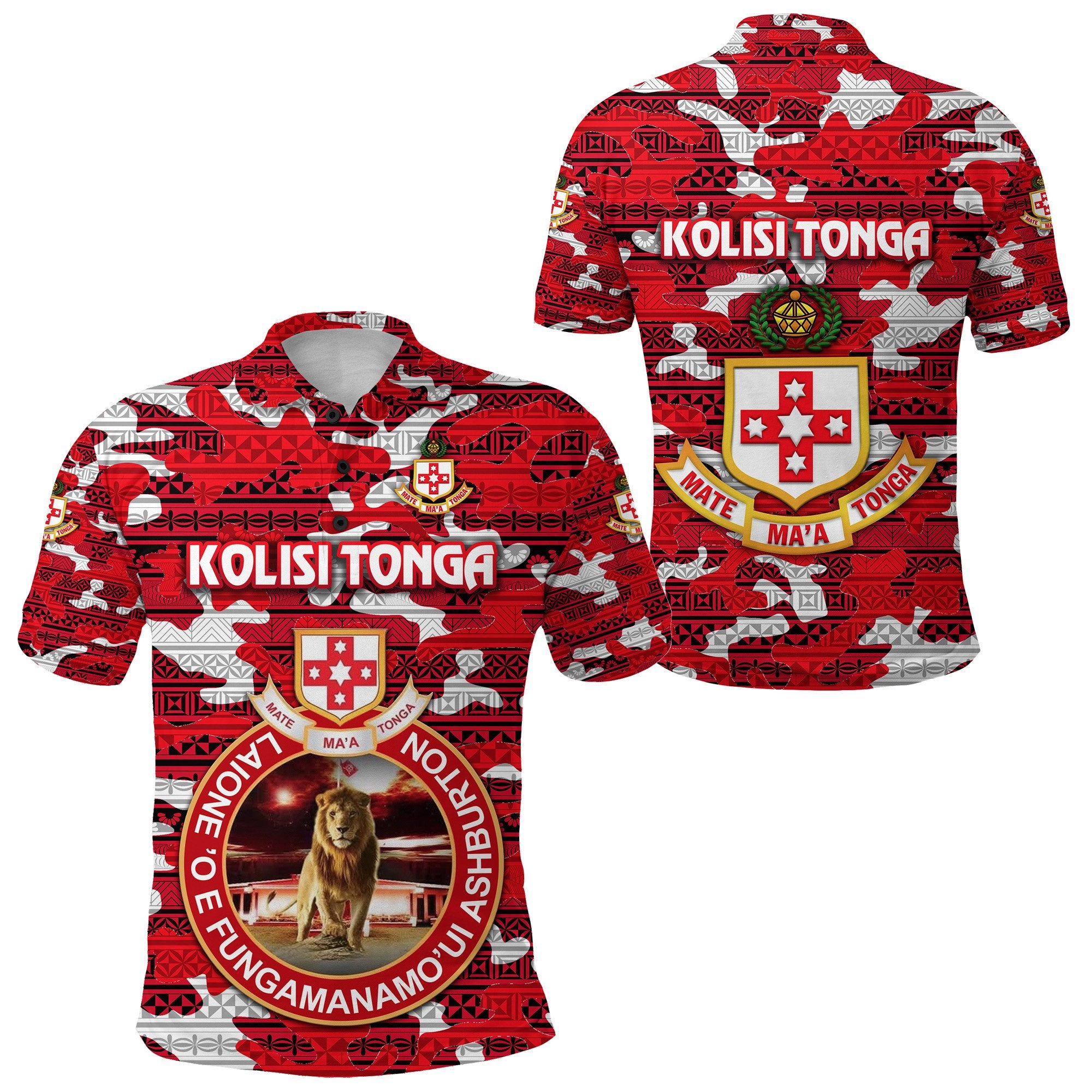 Kolisi Tonga Polo Shirt Mate Maa Tonga Camouflage Vibes Lion Ashburton Unisex Red - Polynesian Pride