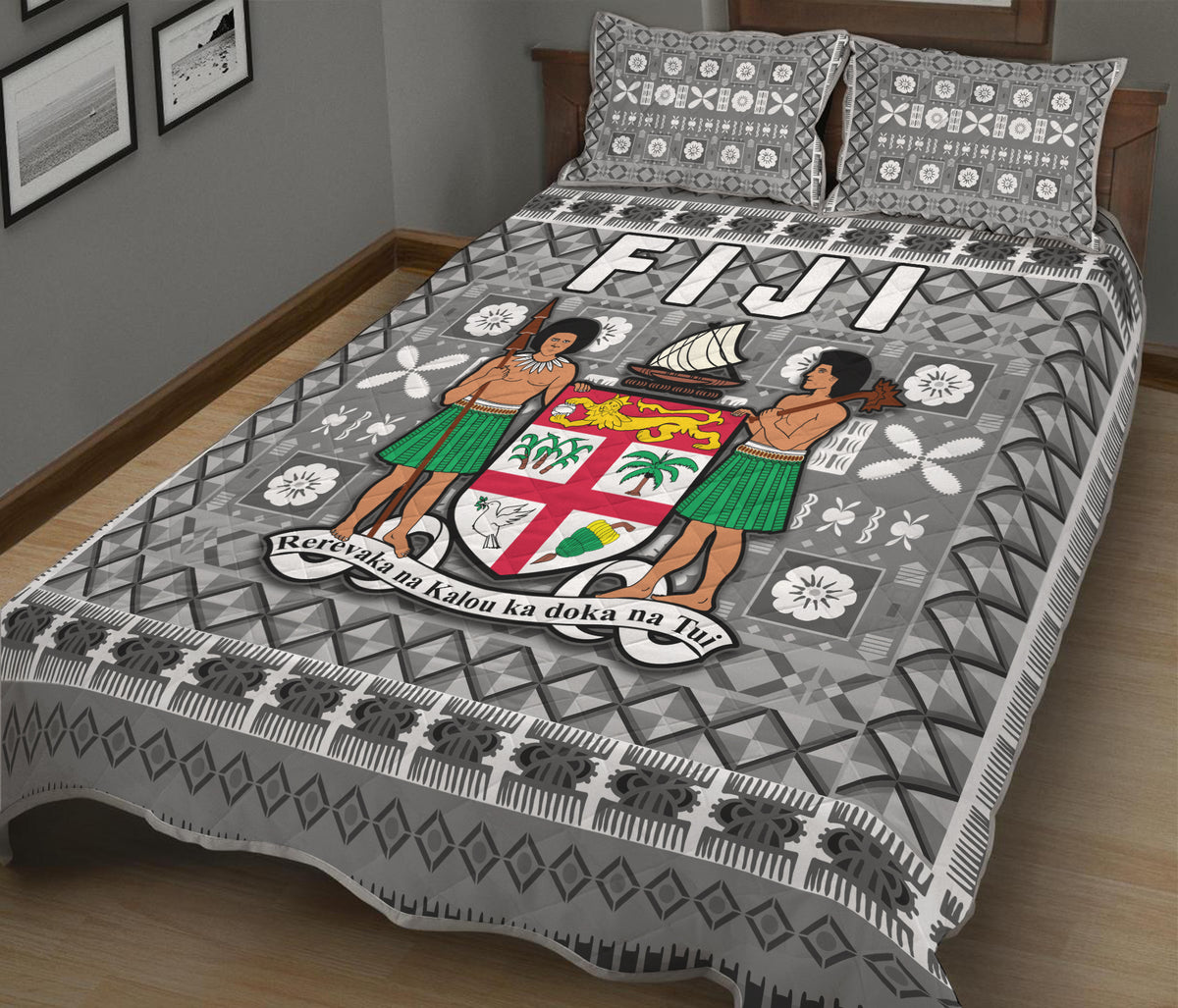 Fiji Quilt Bed Set Pattern - Fijian Tapa Pattern Grey LT13 - Polynesian Pride