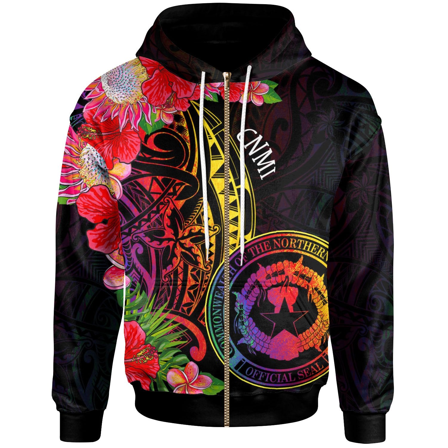 Northern Mariana Islands Zip Hoodie Tropical Hippie Style Unisex Black - Polynesian Pride