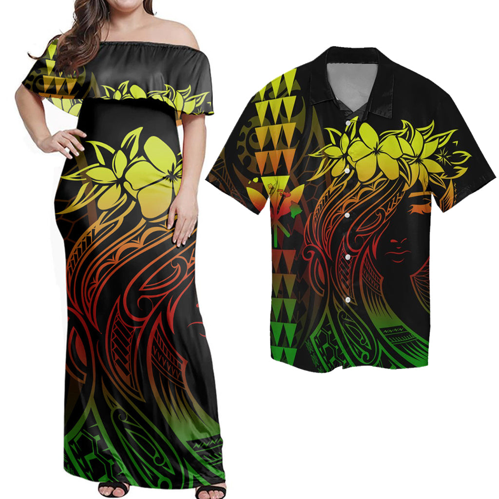 Polynesian Couple Outfits Hawaii Map Kanaka Polynesian Hula Girl Reggae Matching Dress and Hawaiian Shirt 6XL - Polynesian Pride
