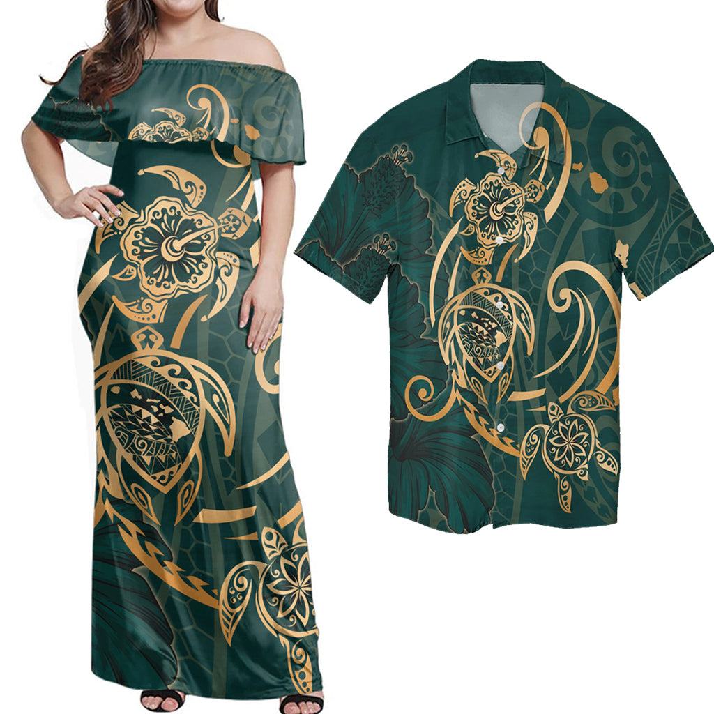 Hawaiian Matching Dress and Hawaiian Shirt Hawaii Triple Marble Turtle Polynesian Hibiscus Benjamin Style Green 6XL - Polynesian Pride