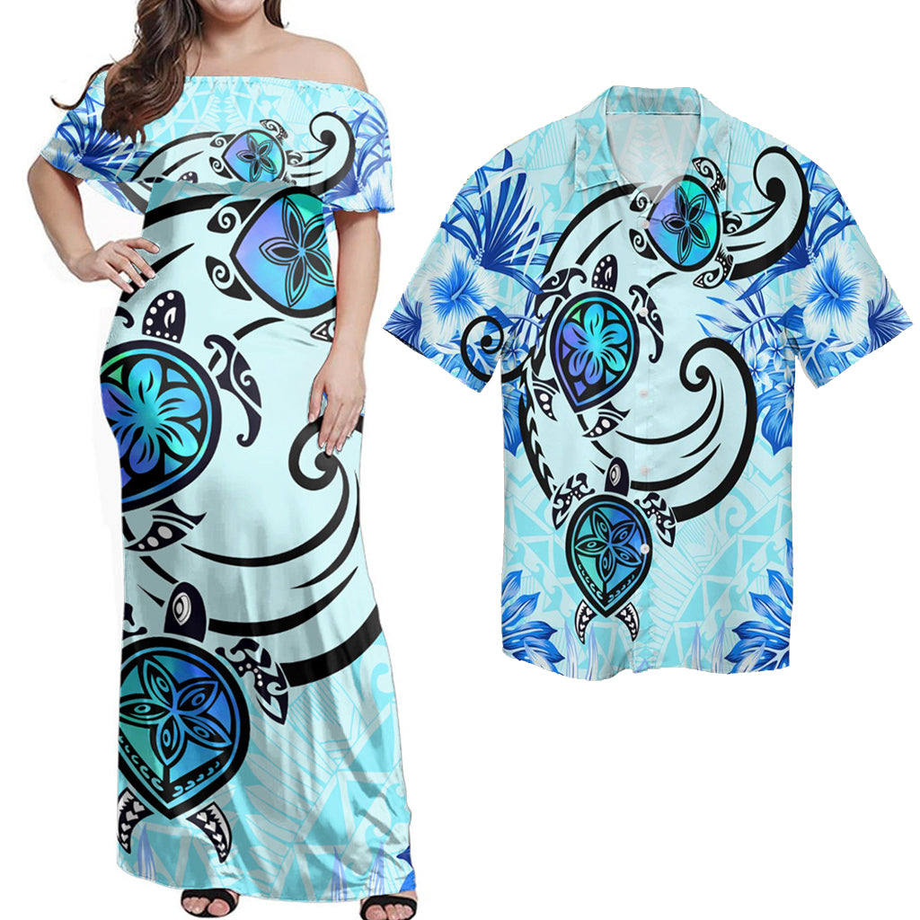 Hawaii Polynesian Matching Dress and Hawaiian Shirt Plumeria Hibiscus Turtle Jack Style Blue No Dress - Polynesian Pride