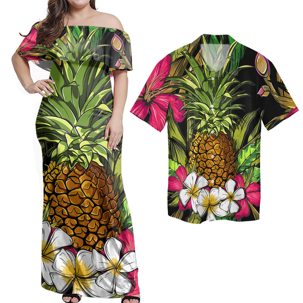 Hawaii Matching Dress and Hawaiian Shirt Hawaii Tropical Flowers Pineapple Matching Couples Outfit No Dress - Polynesian Pride