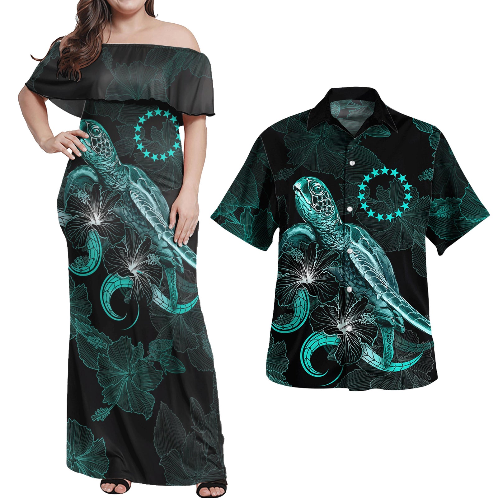 Cook Islands Matching Dress and Hawaiian Shirt Polynesian Turtle with Blooming Hibiscus Turquoise Turquoise - Polynesian Pride