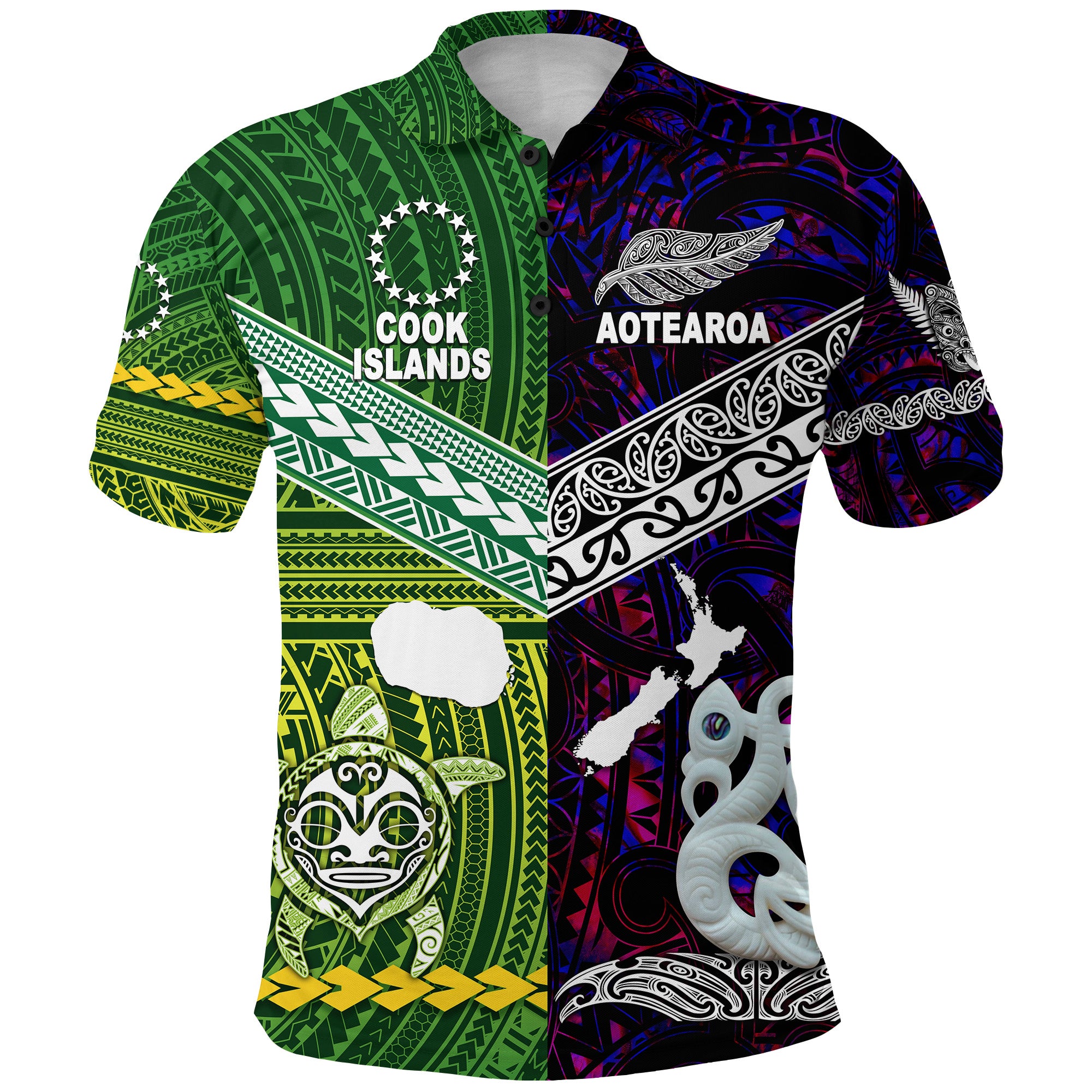New Zealand Cook Islands Polo Shirt - Maori Together Purple LT8 Green - Polynesian Pride