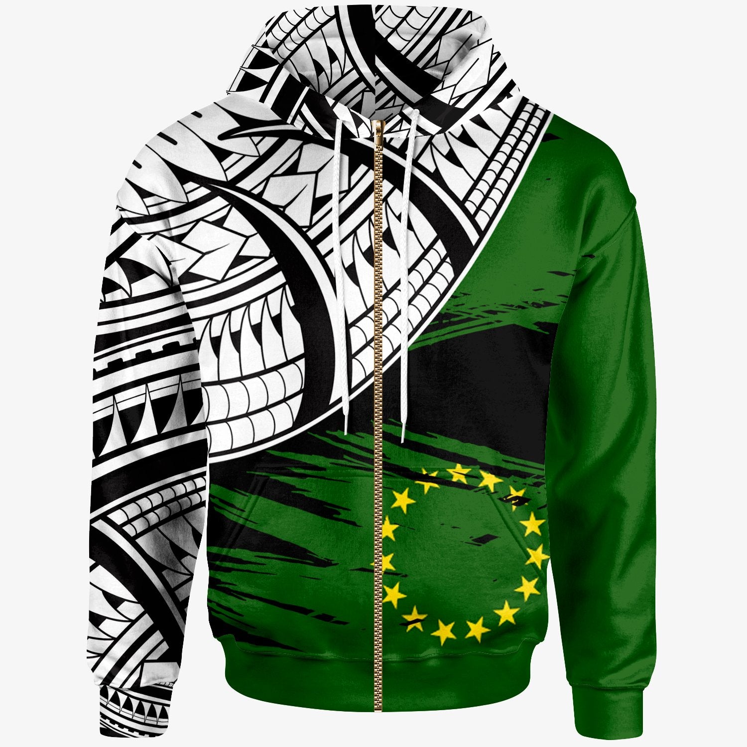 Cook Islands Custom Zip Hoodie Cook Islands Flag Style With Claw Pattern Unisex Green - Polynesian Pride