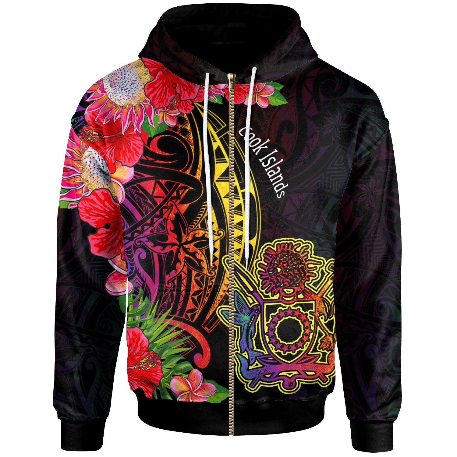 Cook Islands Zip Hoodie Tropical Hippie Style Unisex Black - Polynesian Pride