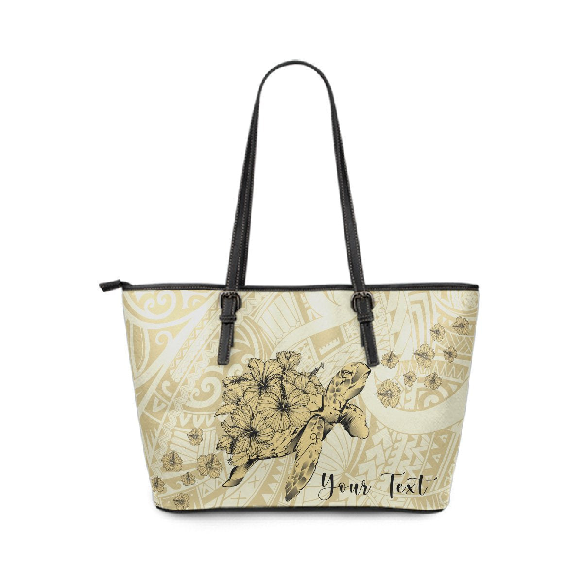 Personalized - Hawaii Turtle Hibiscus Polynesian Large Leather Tote Bag - Beige Beige - Polynesian Pride