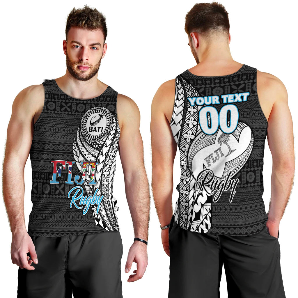 (Custom Personalised) Fiji Rugby Bati Tapa Pattern Men Tank Top - LT2 BLACK - Polynesian Pride