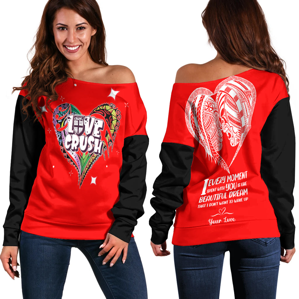 (Custom Personalised) Fiji Valentine Couple Heart Women Off Shoulder Sweater - LT2 Women RED - Polynesian Pride