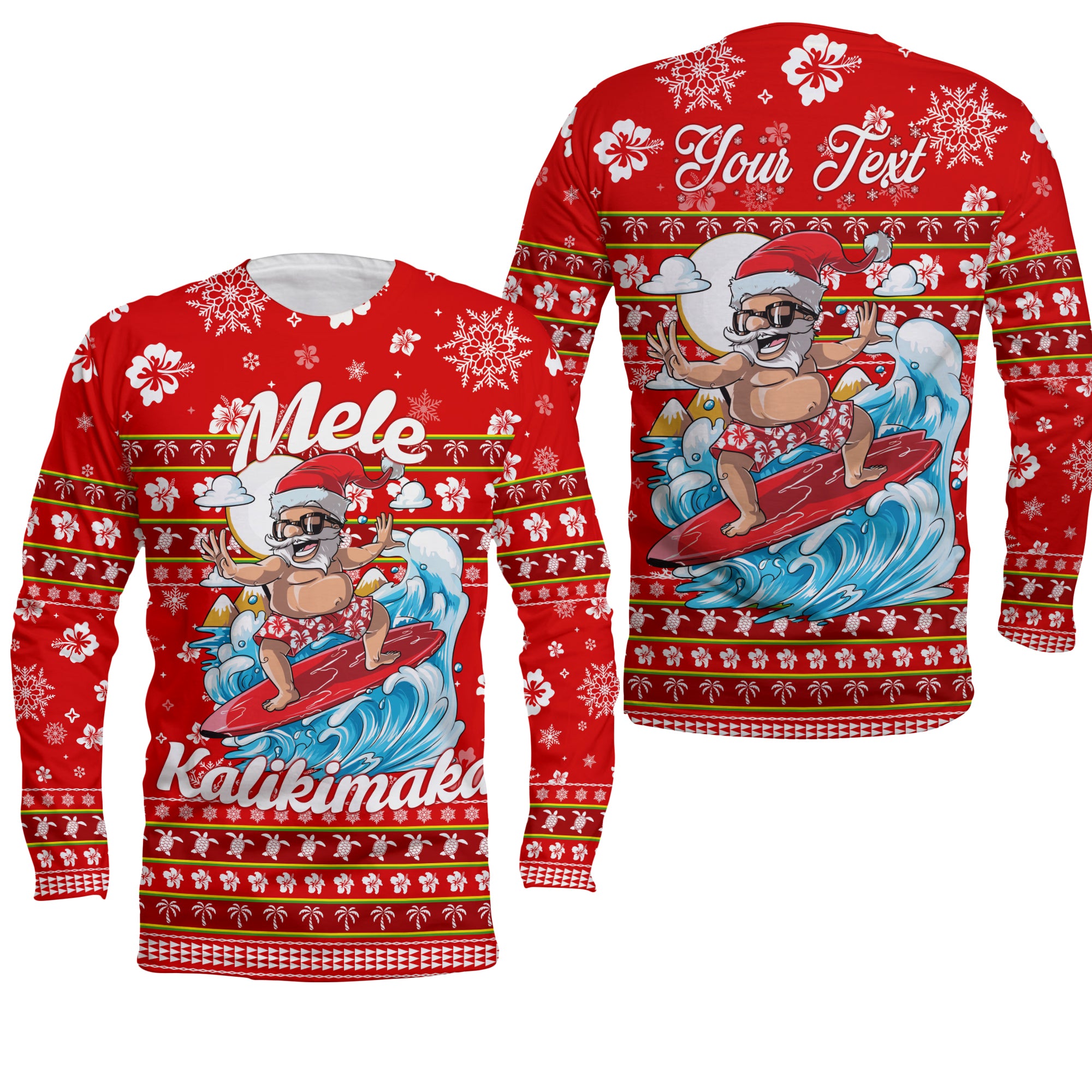 ( Custom Personalised) Hawaii Christmas Santas Surf Mele Kalikimaka Long Sleeve Shirt - LT2 Unisex RED - Polynesian Pride