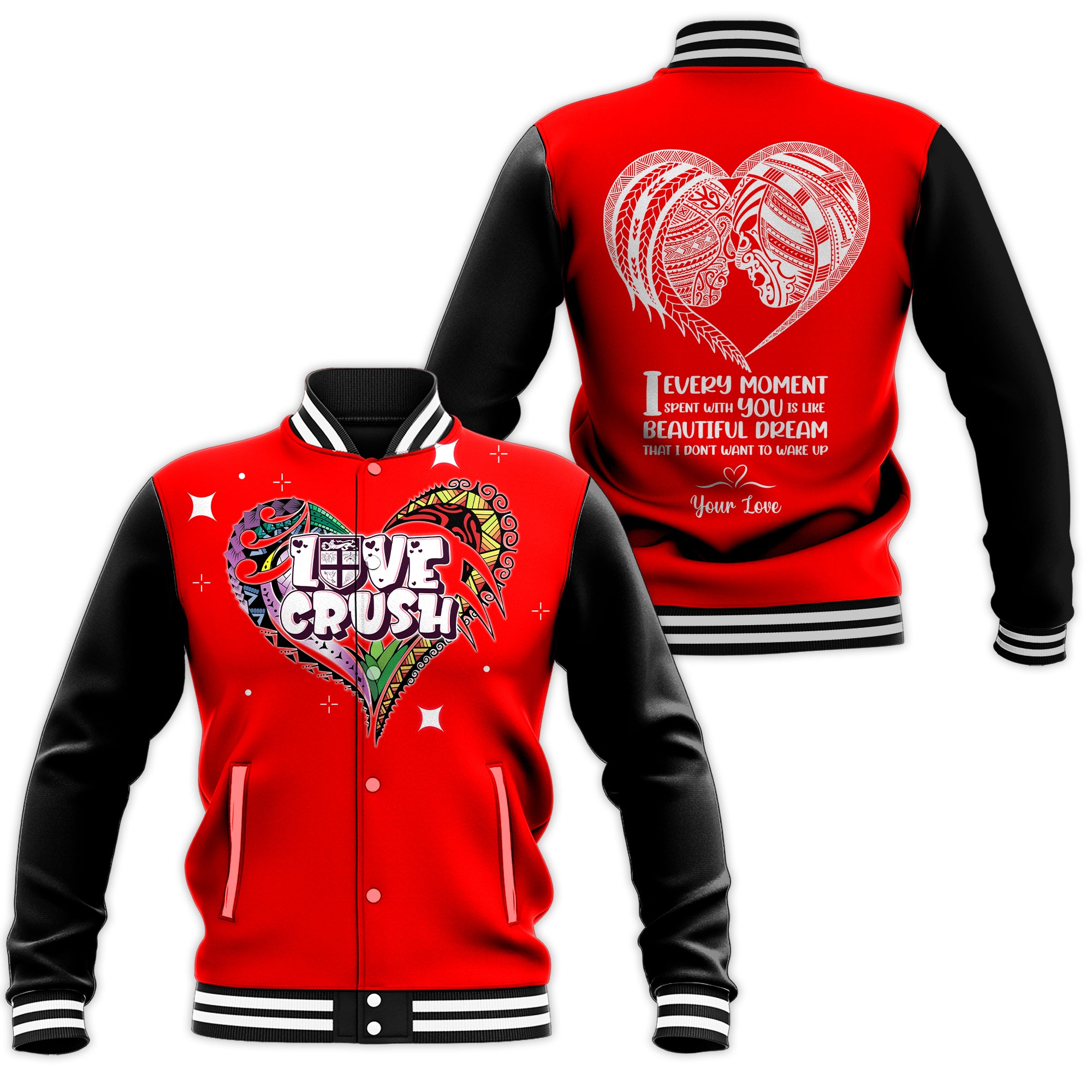 (Custom Personalised) Fiji Valentine Couple Heart Baseball Jacket - LT2 Unisex RED - Polynesian Pride