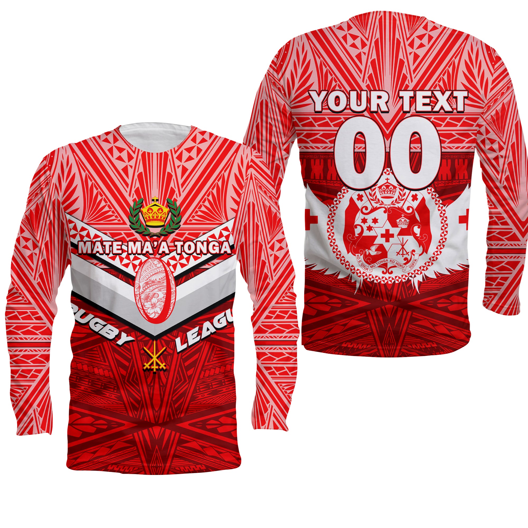 (Custom Personalised) Tonga Rugby Mate Ma'a Tonga Tapa Pattern Long Sleeve Shirt - LT2 Unisex RED - Polynesian Pride