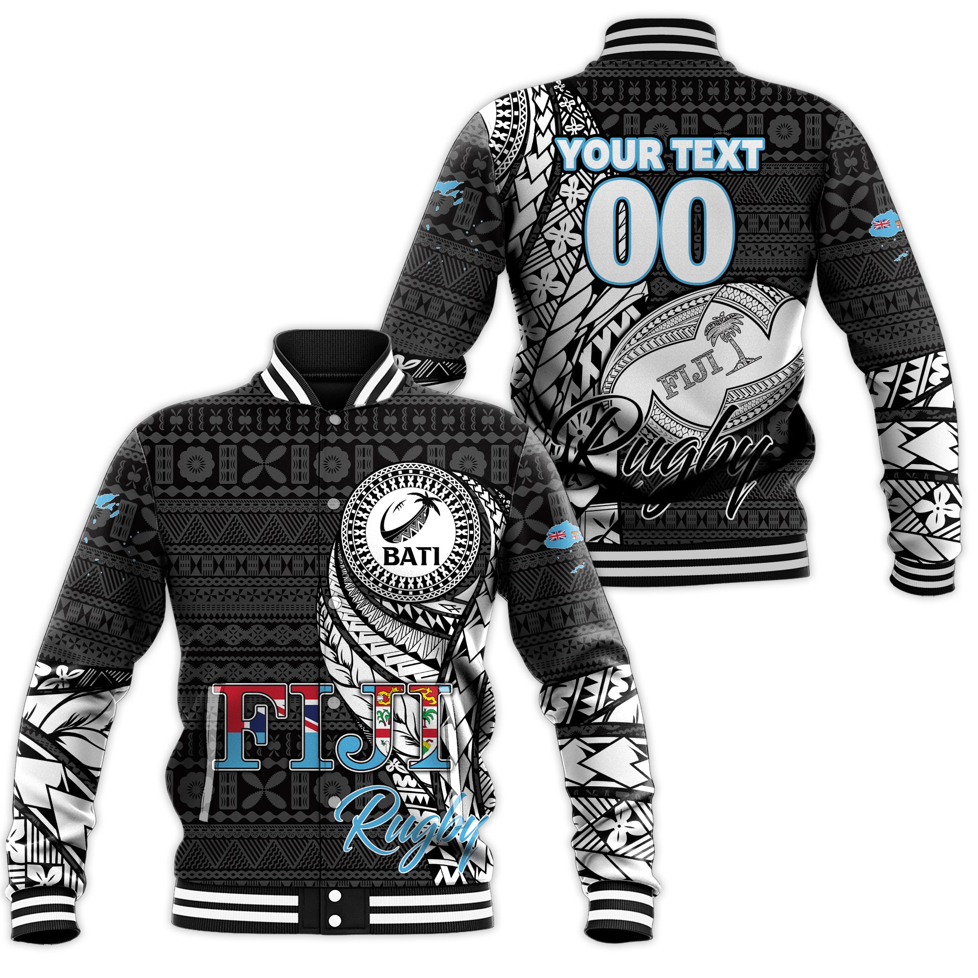 (Custom Personalised) Fiji Rugby Bati Tapa Pattern Baseball Jacket - LT2 Unisex BLACK - Polynesian Pride