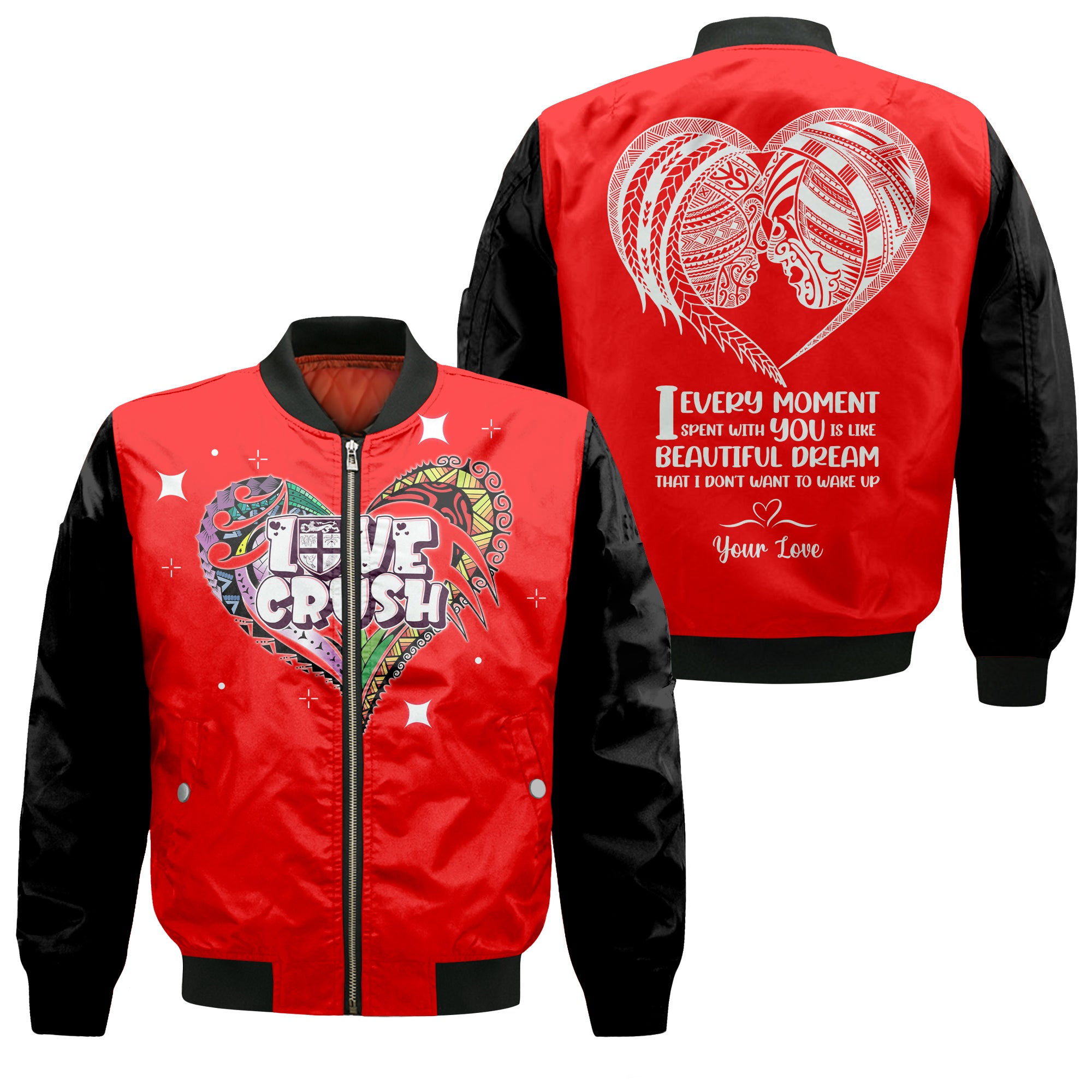 (Custom Personalised) Fiji Valentine Couple Heart Bomber Jacket - LT2 Unisex RED - Polynesian Pride