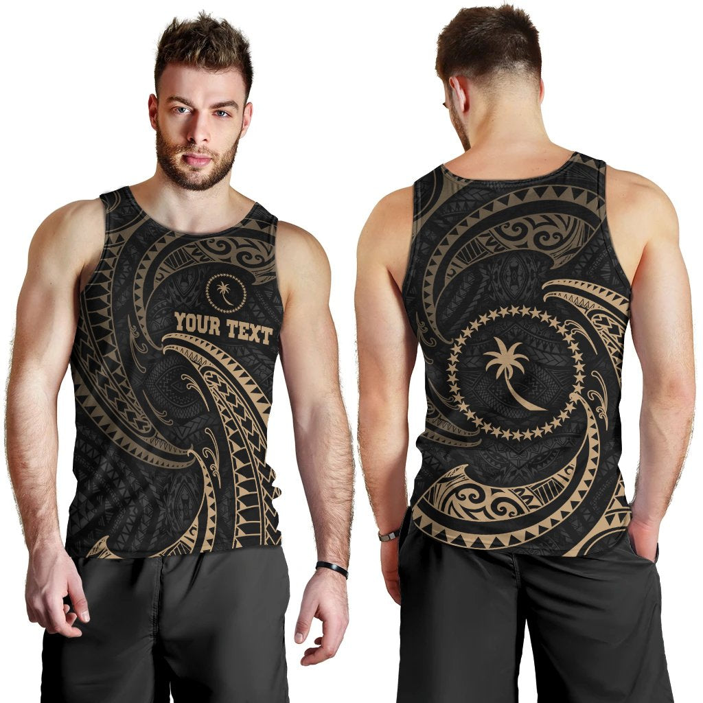 Chuuk Micronesia Custom Personalised Men's Tank Top - Gold Tribal Wave Black - Polynesian Pride