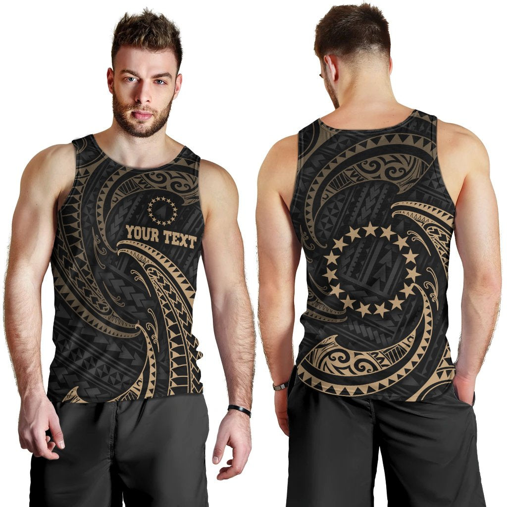 Cook Islands Polynesian Custom Personalised Men's Tank Top - Gold Tribal Wave Black - Polynesian Pride