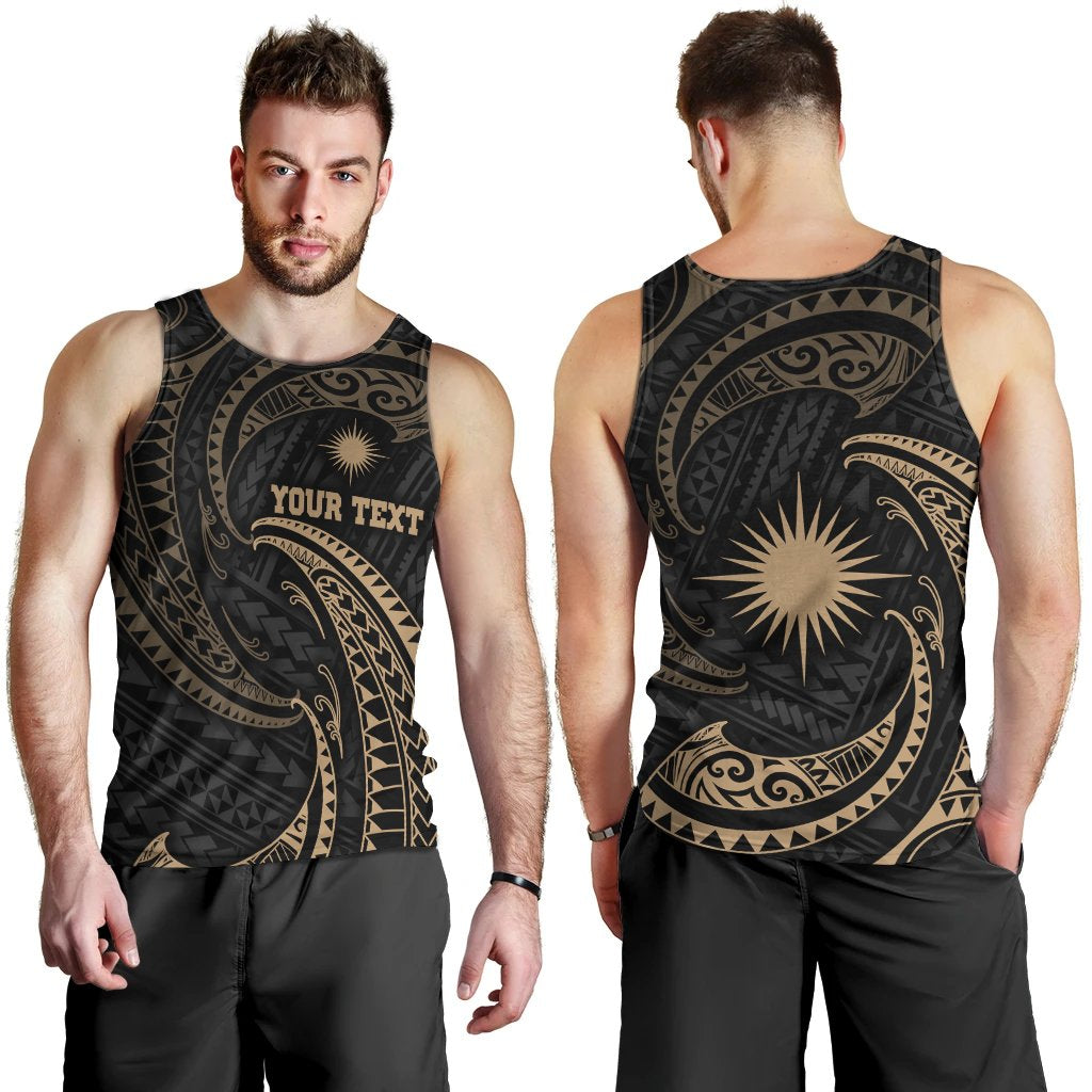 Marshall Islands Polynesian Custom Personalised Men's Tank Top - Gold Tribal Wave Black - Polynesian Pride