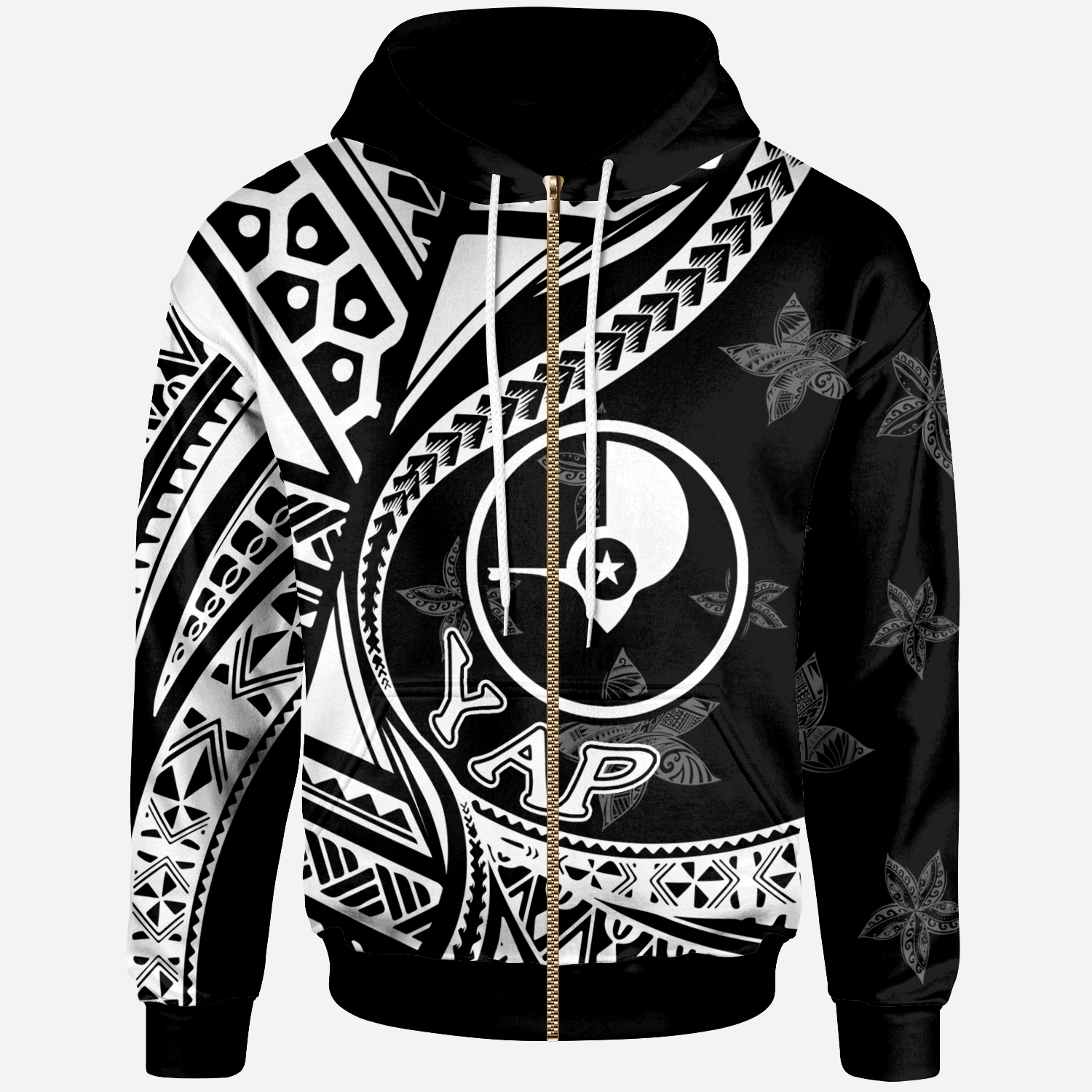 Yap Zip Hoodie Plumeria Flowers White Version Unisex Black - Polynesian Pride