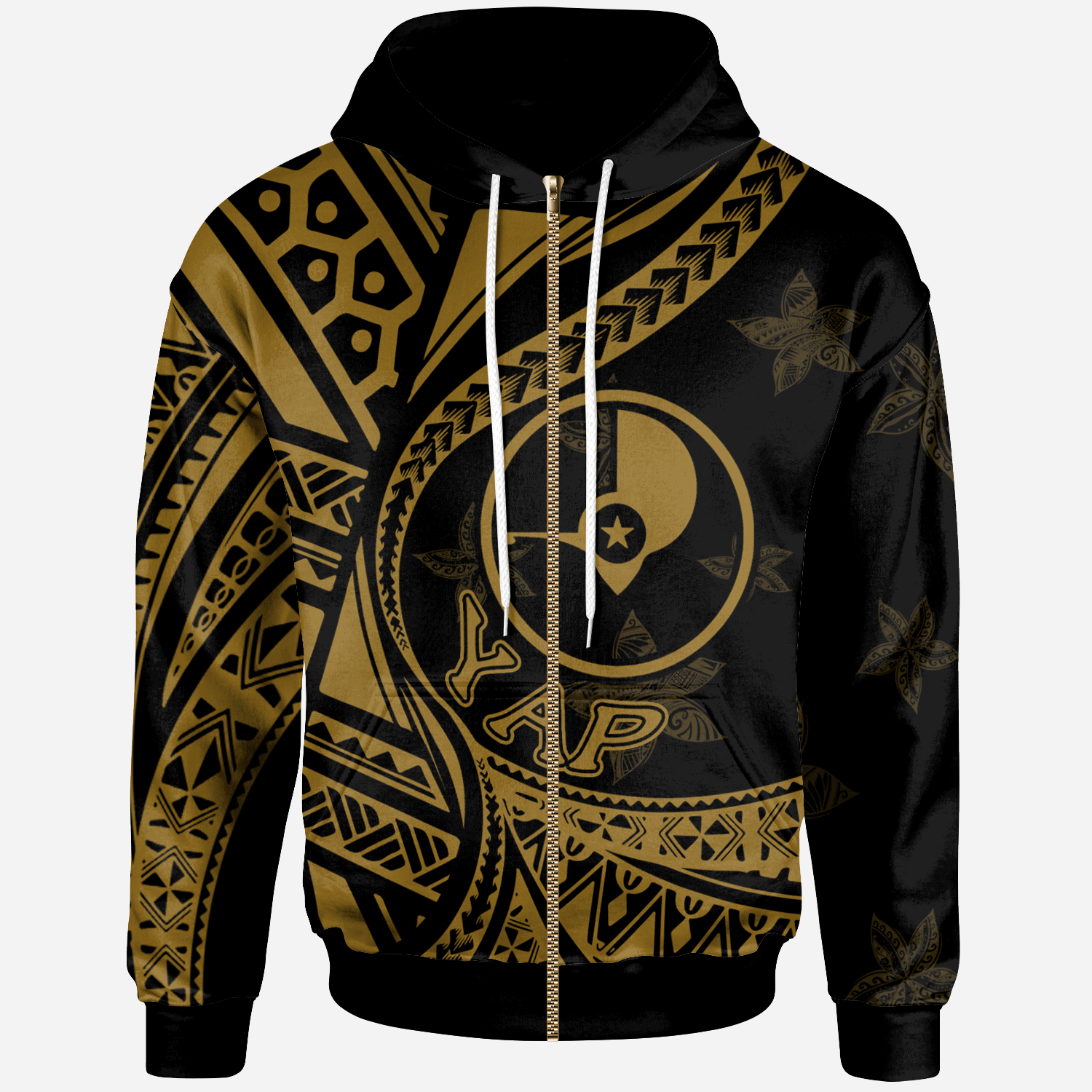 Yap Zip Hoodie Plumeria Flowers Gold Version Unisex Black - Polynesian Pride