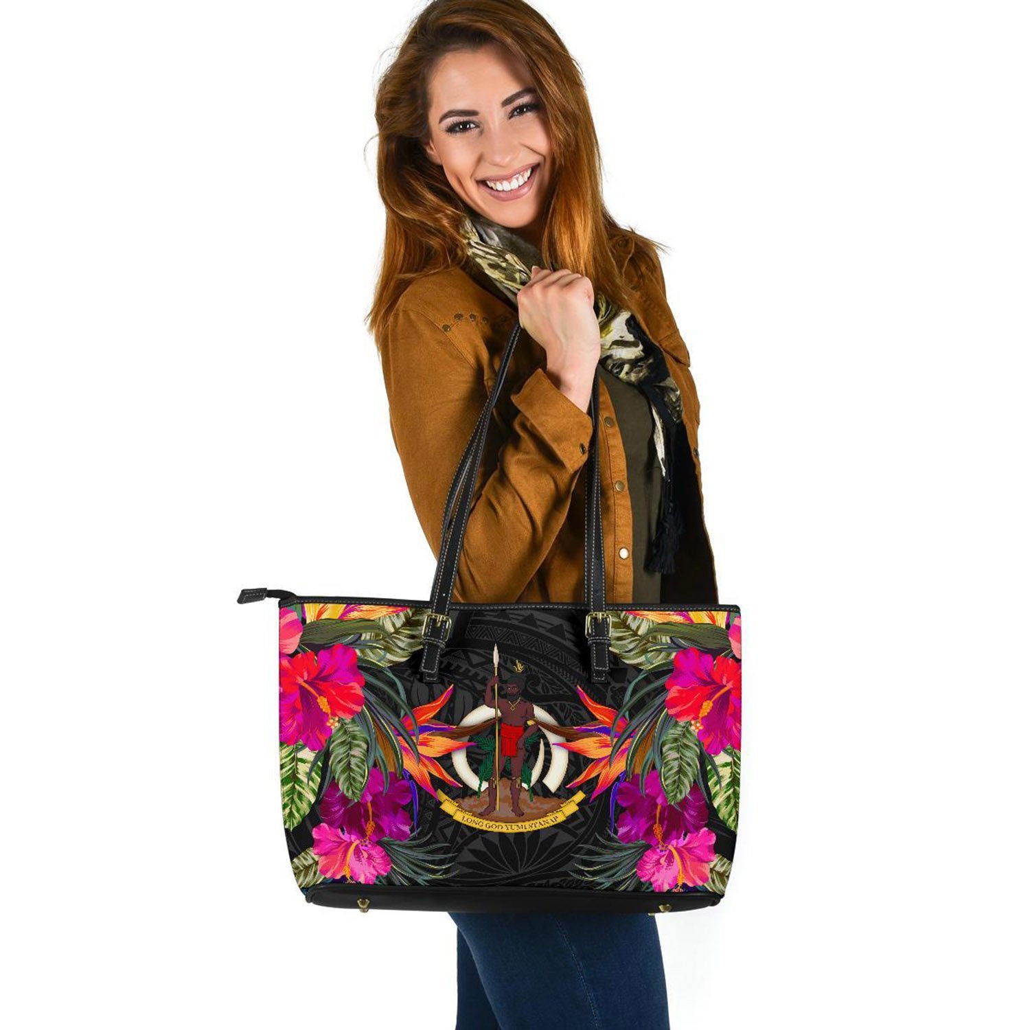 Vanuatu Large Leather Tote - Polynesian Hibiscus Pattern Black - Polynesian Pride