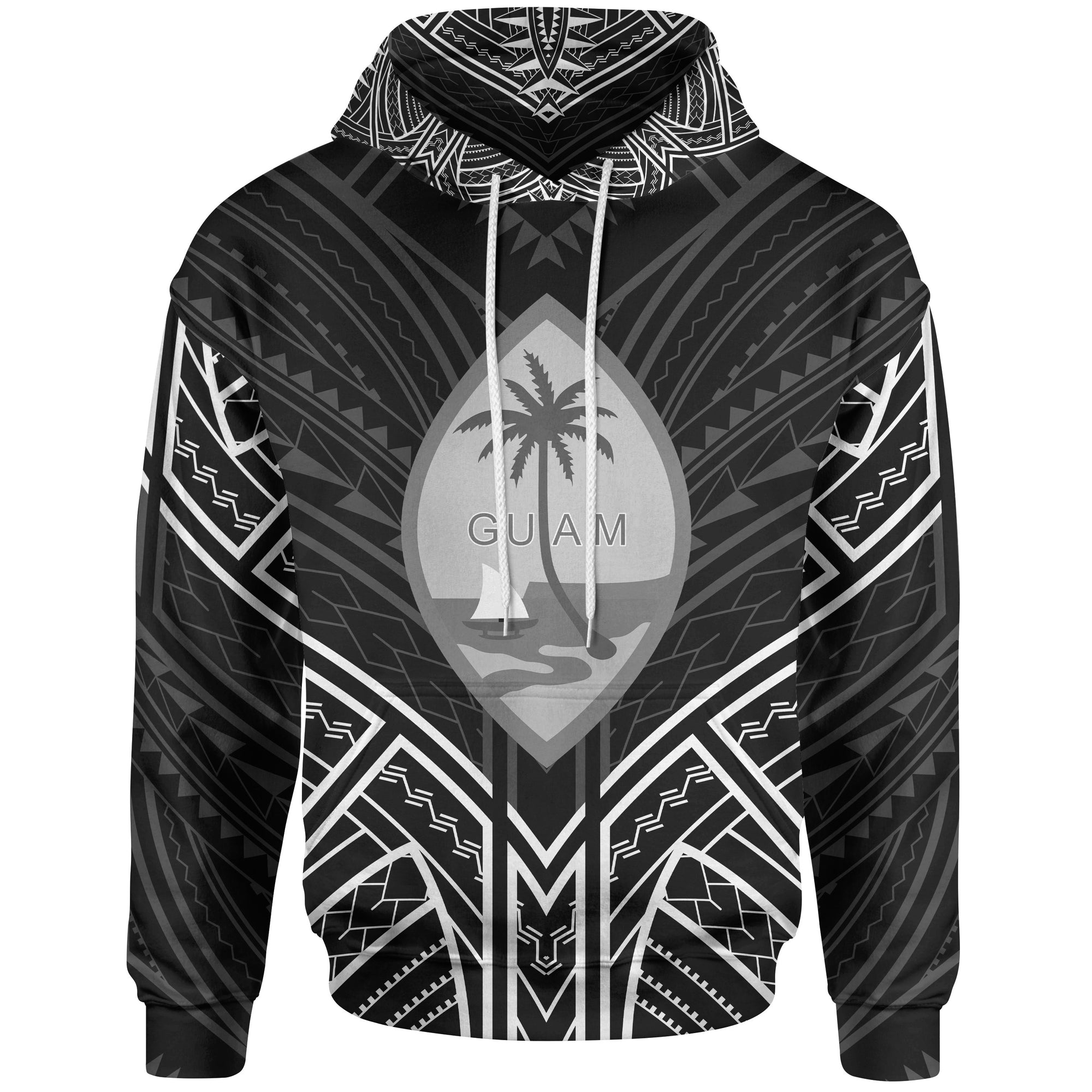 Guam Hoodie Guam Seal Black Tribal Patterns Unisex White - Polynesian Pride