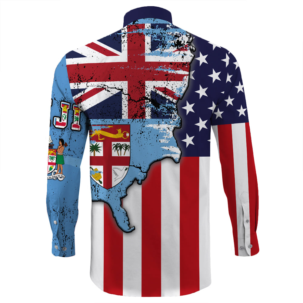 Fiji With America Flag Long Sleeve Button Shirt LT10 - Polynesian Pride