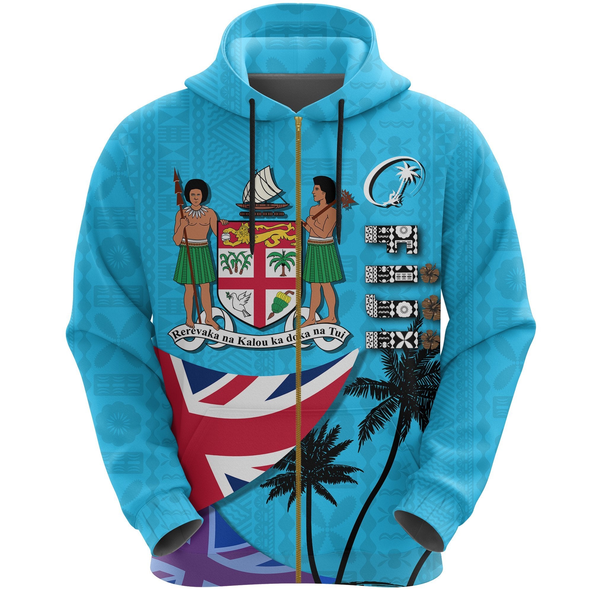 Fiji Masi Rugby Zip up Hoodie Coat of Arms Coconut Blue Unisex Blue - Polynesian Pride