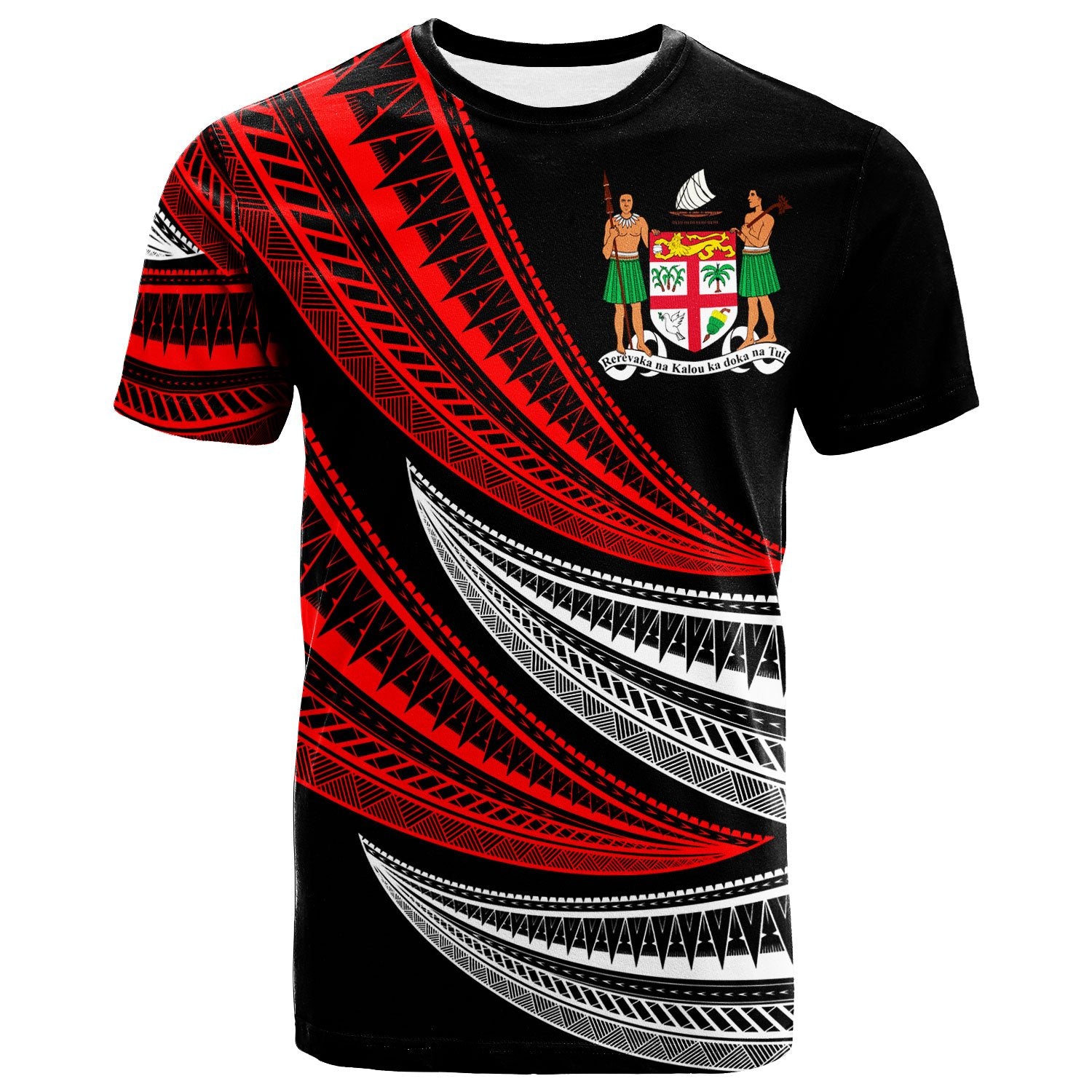 Fiji Custom T Shirt Wave Pattern Alternating Red Color Unisex Black - Polynesian Pride