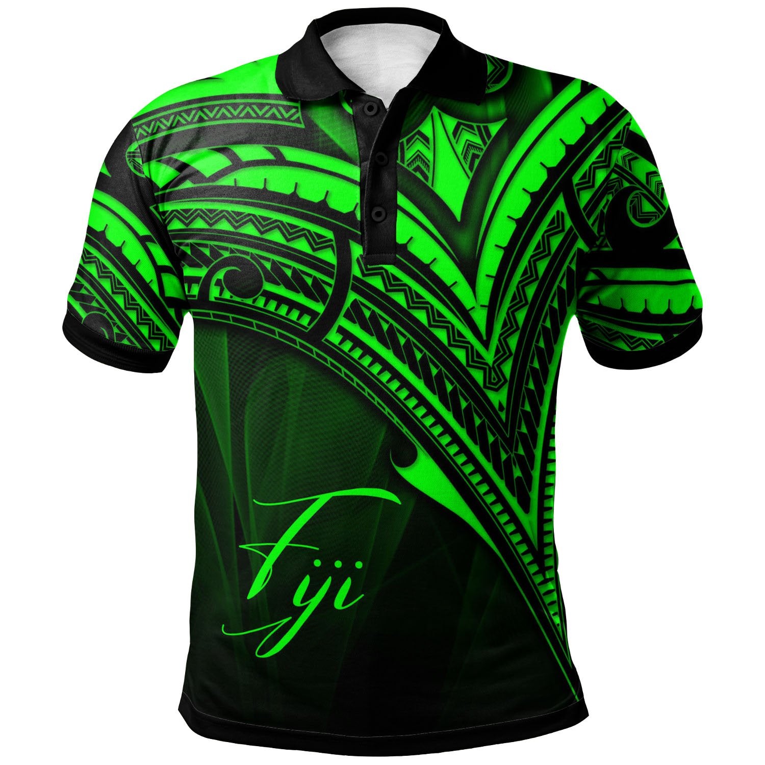 Fiji Polo Shirt Green Color Cross Style Unisex Black - Polynesian Pride