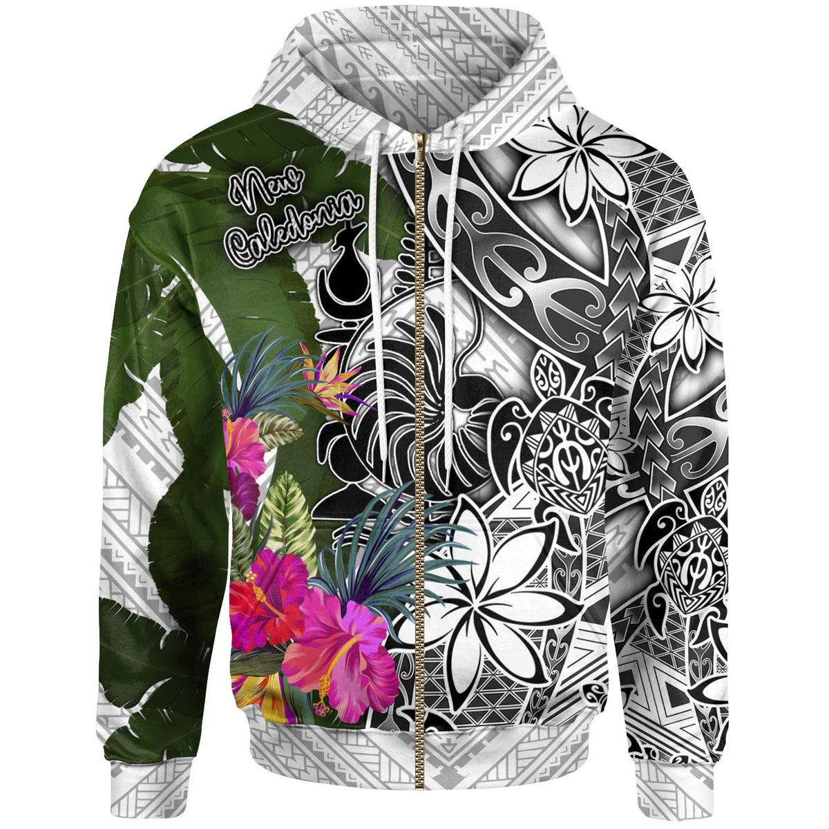 New Caledonia Zip up Hoodie White Turtle Plumeria Banana Leaf Unisex White - Polynesian Pride