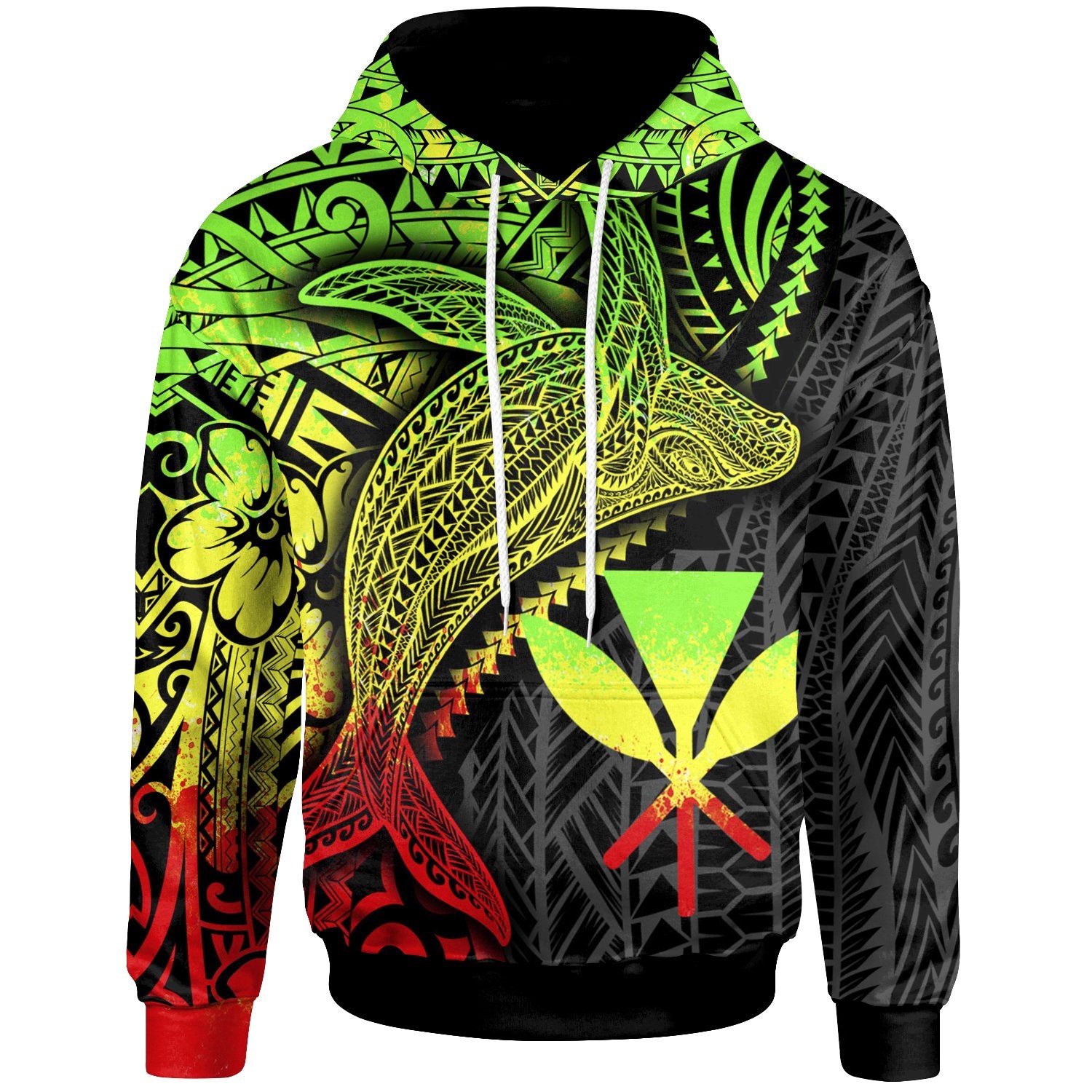 Hawaii Kanaka Maoli Hoodie Humpback Whale & Coat of Arms Reggae Unisex Reggae - Polynesian Pride