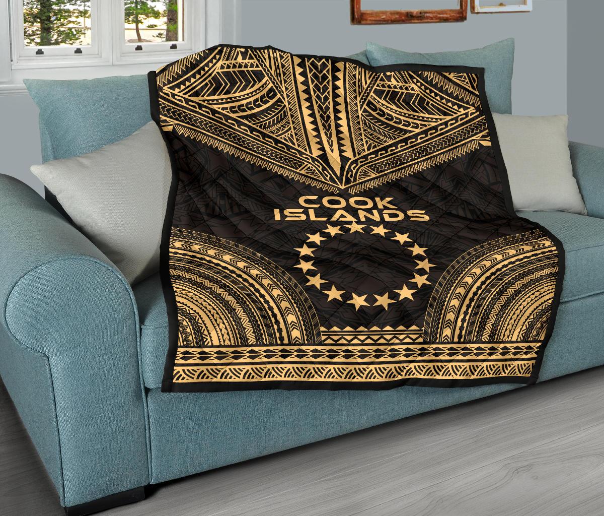 Cook Islands Premium Quilt - Cook Islands Flag Polynesian Chief Gold Version - Polynesian Pride