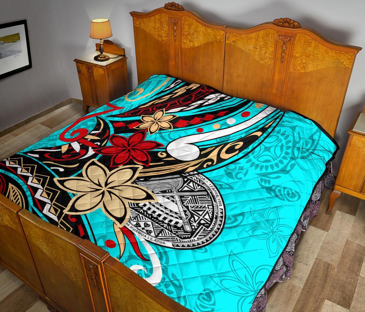 American Samoa Polynesian Premium Quilt - Tribal Flower With Special Turtles Blue Color BLUE - Polynesian Pride