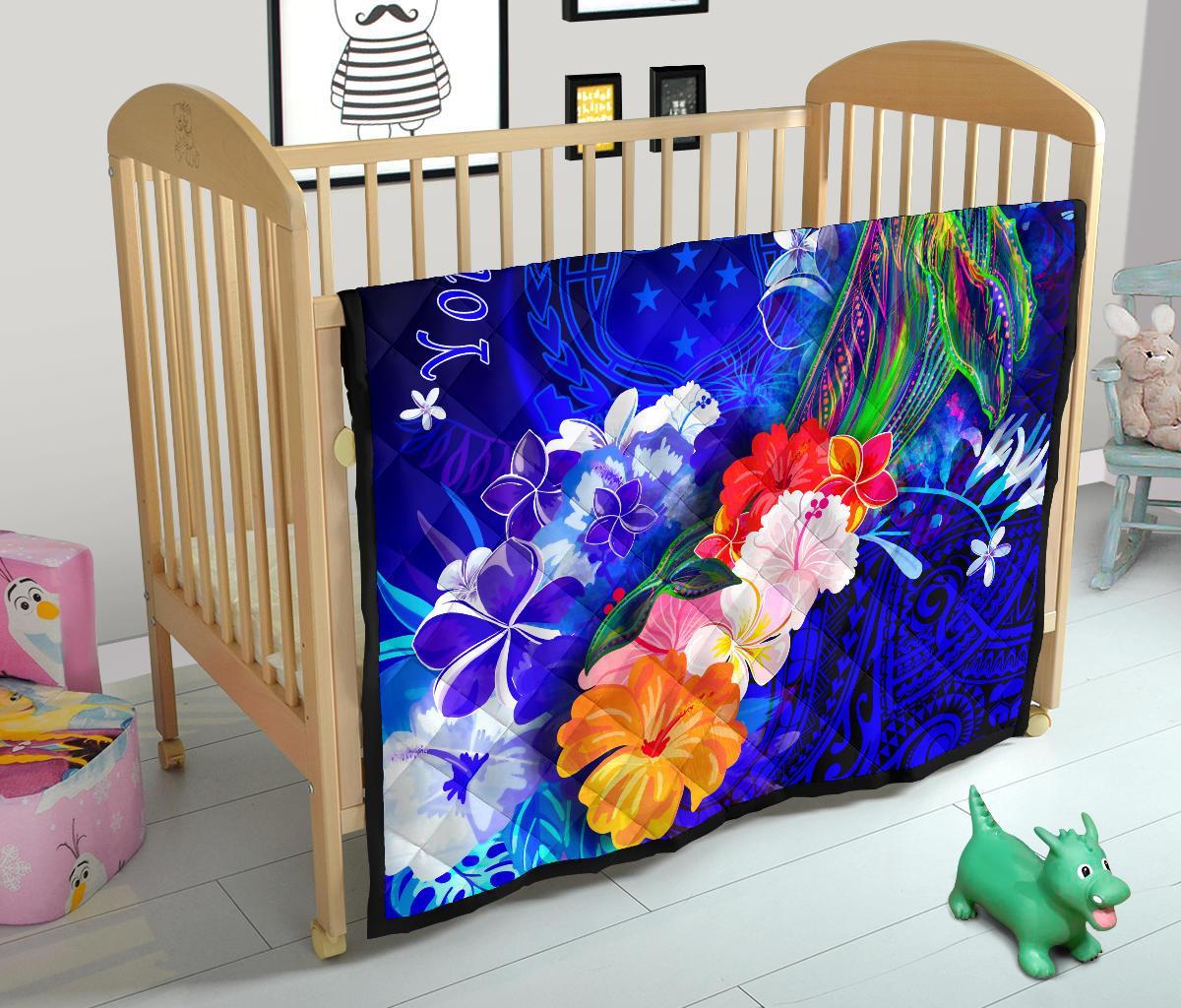 Custom Personalised Samoa Premium Quilt - Humpback Whale with Tropical Flowers (Blue) - Polynesian Pride