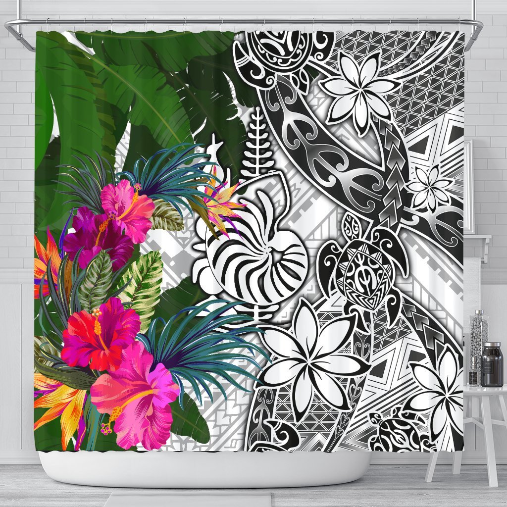 New Caledonia Shower Curtain White - Turtle Plumeria Banana Leaf Crest 177 x 172 (cm) White - Polynesian Pride