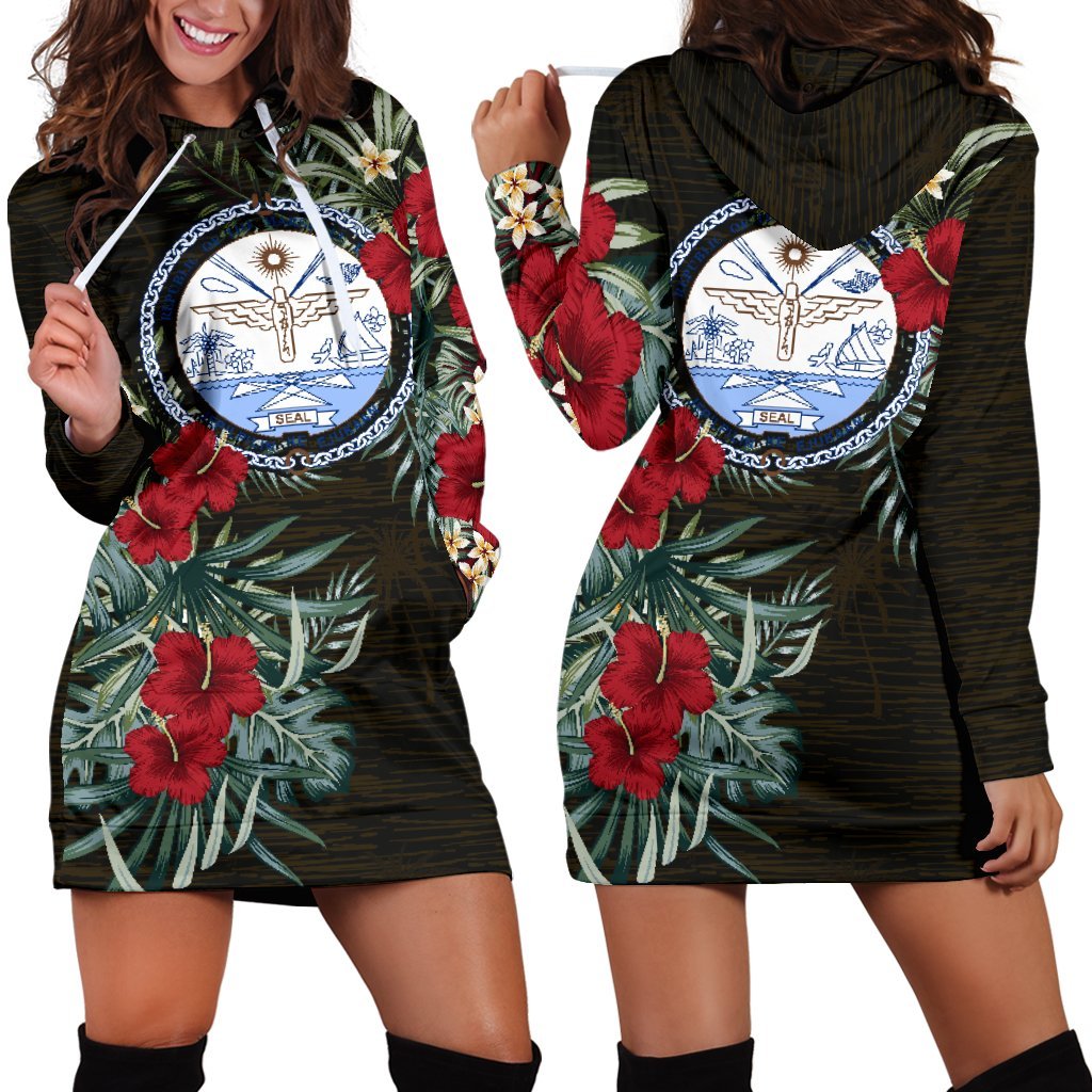 Marshall Islands Hoodie Dress - Marshall Islands Seal Hibiscus Black - Polynesian Pride