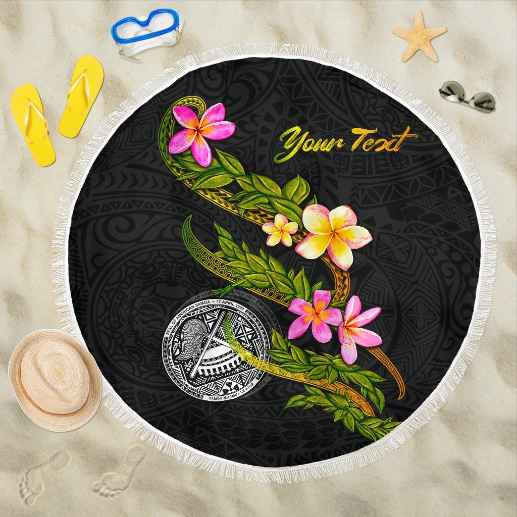 American Samoa Polynesian Custom Personalised Beach Blanket - Plumeria Tribal One style One size BLACK - Polynesian Pride